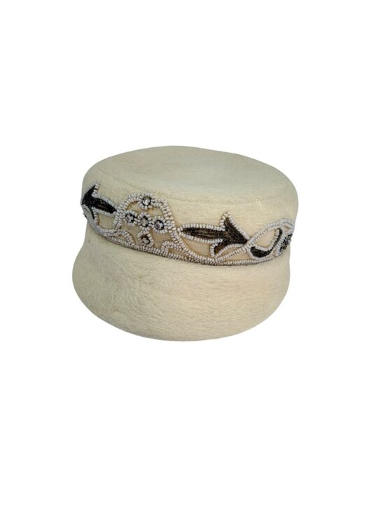 Jan Leslie Beaded Wool Hat Off White Designer‎ Cap 1990s